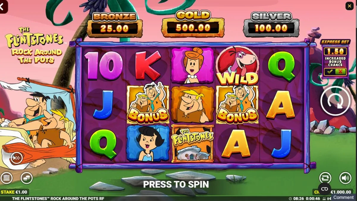 The Flintstones: Rock Around The Pots slot machine screen showing Bedrock theme