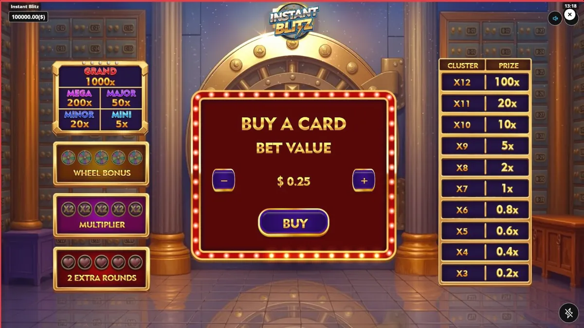 Tampilan visual slot Instant Blitz dengan tema brankas neon futuristik