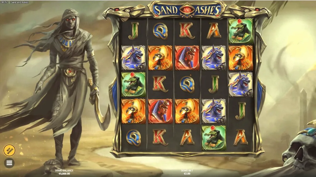 Tampilan visual slot Sand and Ashes dengan tema gurun Mesir Kuno